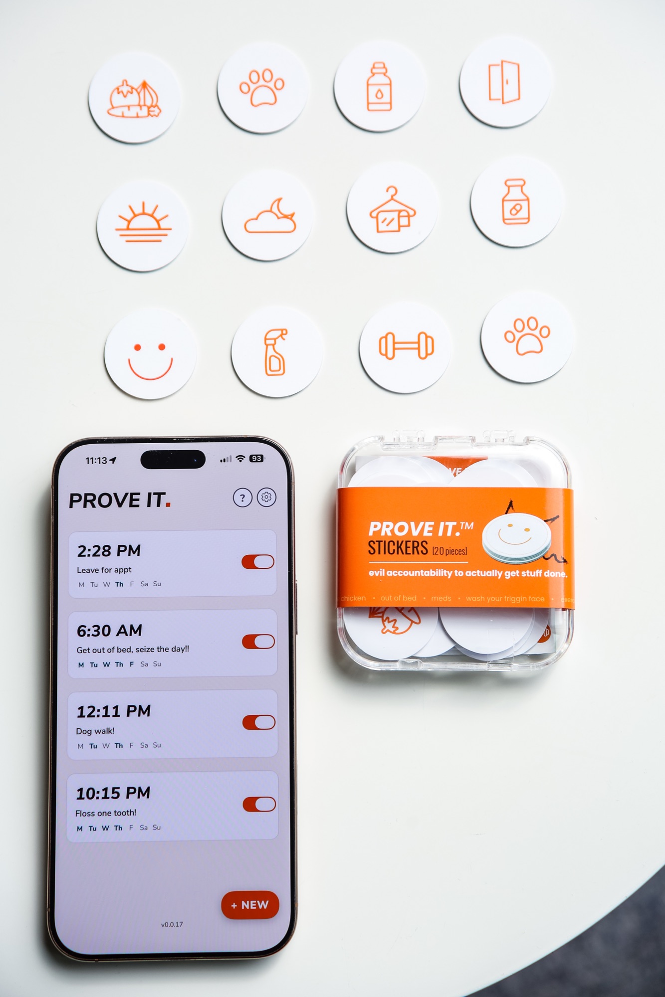 Stickers, phone + pack, overhead
